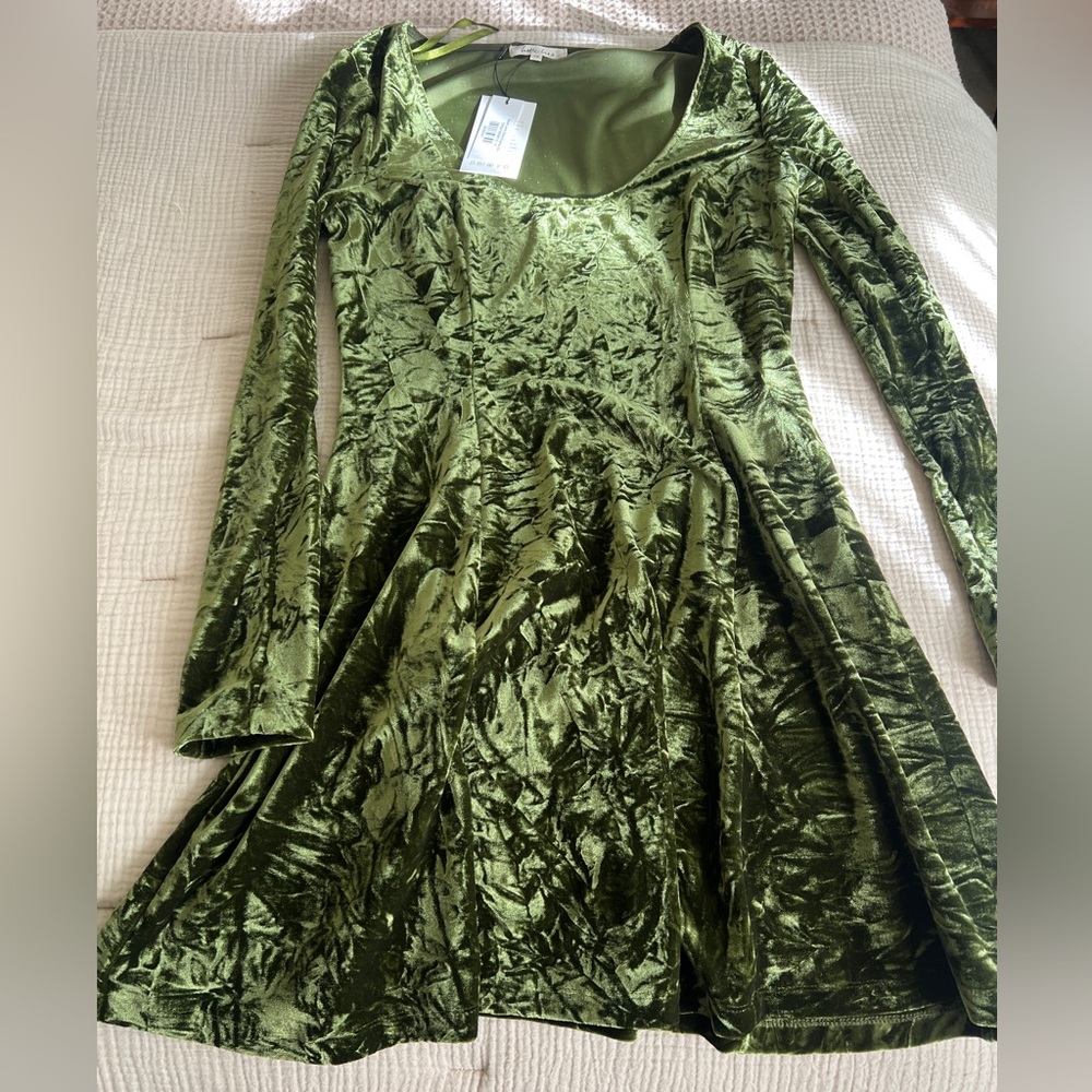 Little Lies Sweet Jane Olive Green Crushed Velvet Mini Dress NWT